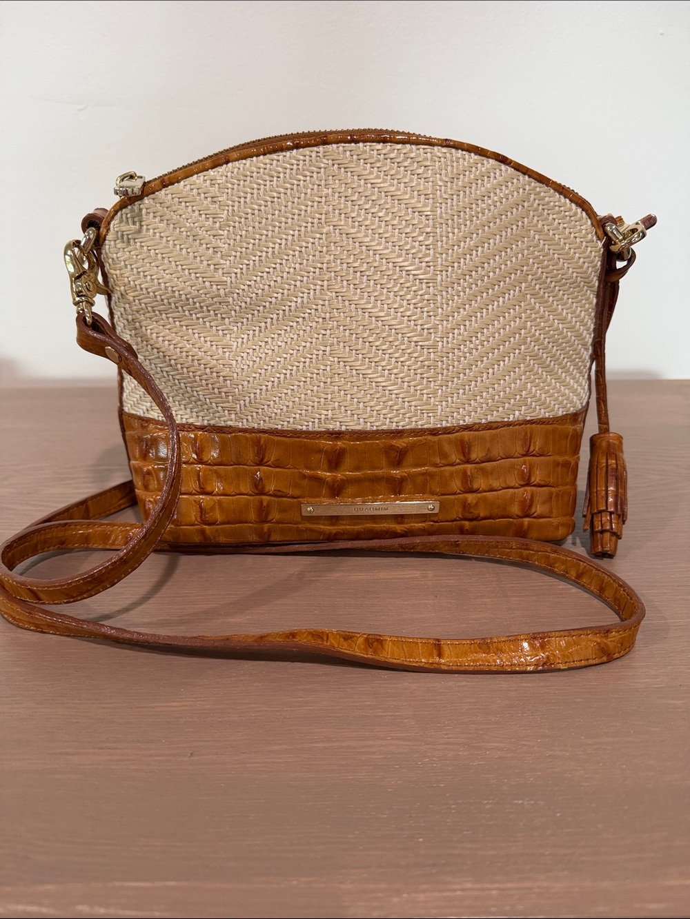 Brahmin Cream Woven and Tan Croc-Embossed Crossbody With Tassels